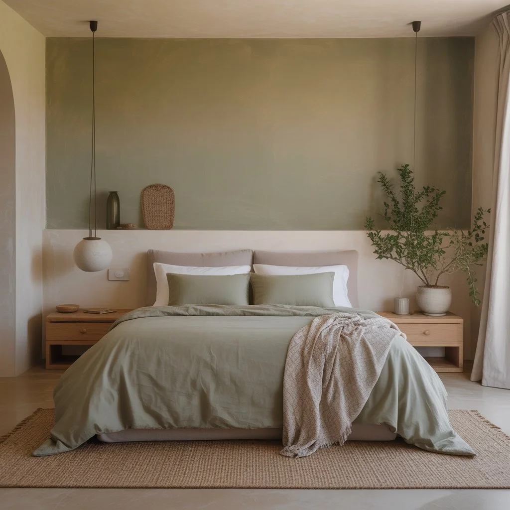 Olive Green & Beige Bedroom Ideas: A Perfect Balance of Nature and Elegance 9 Minimalist bedroom with simple bedding, clean lines, and soft natural tones.