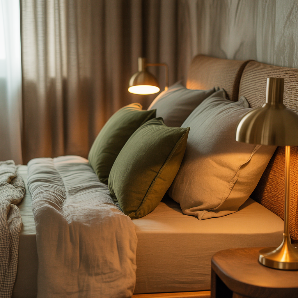 Olive Green & Beige Bedroom Ideas: A Perfect Balance of Nature and Elegance 6 Warm white lighting in an olive and beige bedroom