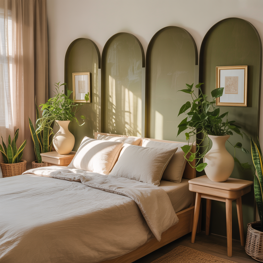 Olive Green & Beige Bedroom Ideas: A Perfect Balance of Nature and Elegance 7 bedroom decor with ceramic vases plants