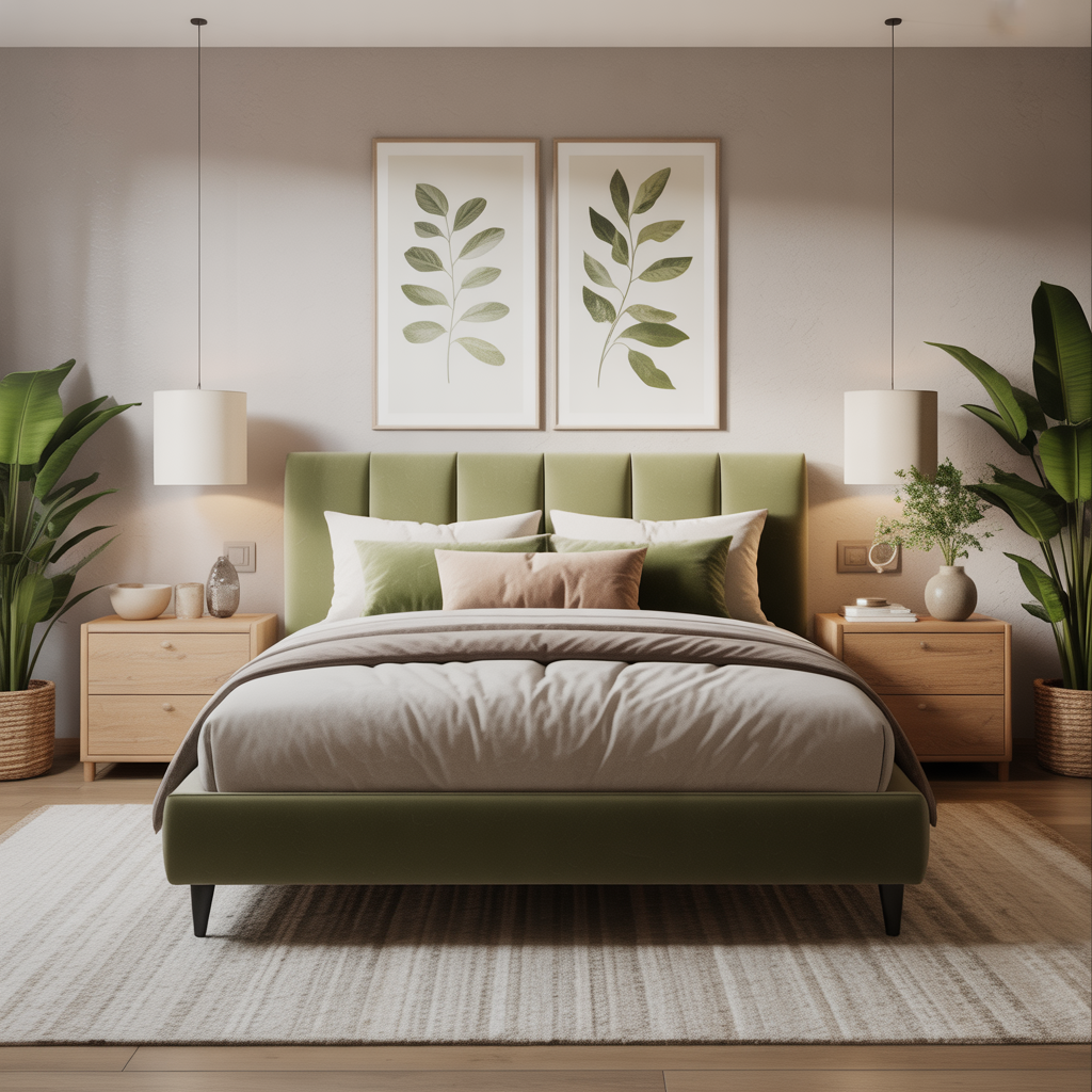 Olive Green & Beige Bedroom Ideas: A Perfect Balance of Nature and Elegance 4 natural oak nightstands beige rug and indoor plants in a stylish modern bedroom
