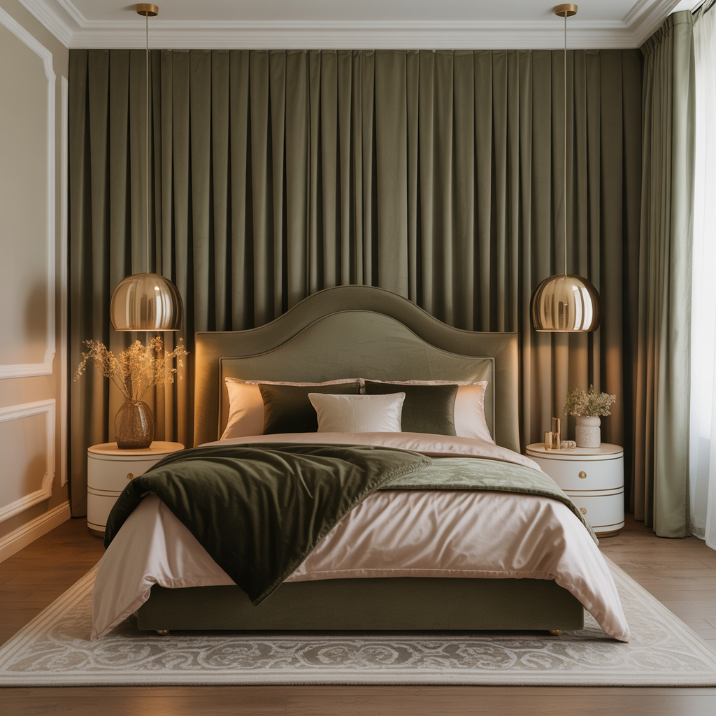 Olive Green & Beige Bedroom Ideas: A Perfect Balance of Nature and Elegance 8 velvet curtains satin bedding