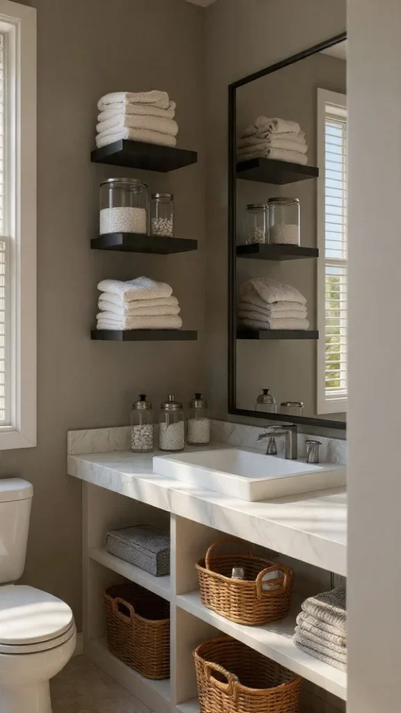 15 Bathroom Decor Ideas to Transform Your Space (Expert Interior Design Guide – 2026) 11 Luxury cotton towels hanging on matte black towel racks in a bright modern bathroom.