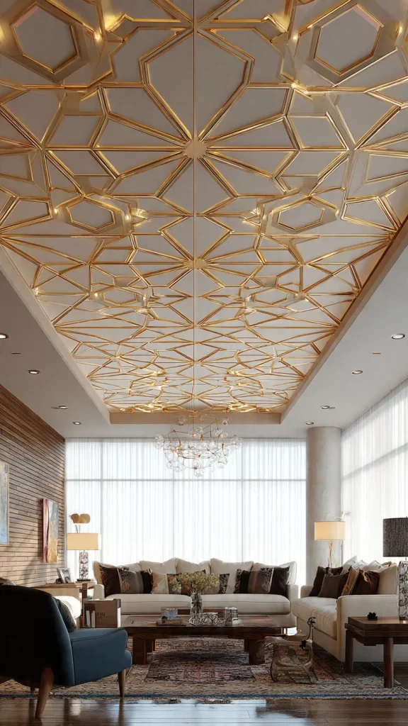 14 Wall Decor Ideas to Transform Your Home: Expert Interior Design Guide 20 Decorative geometric ceiling pattern in modern stylish living room.2