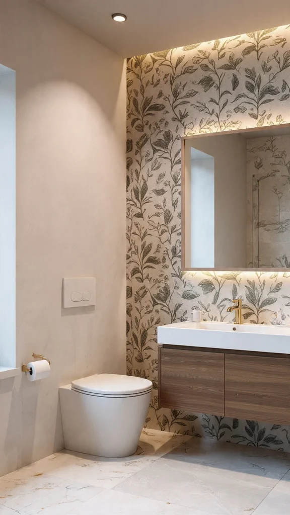 15 Bathroom Decor Ideas to Transform Your Space (Expert Interior Design Guide – 2026) 14 Bathroom accent wall featuring soft botanical peel-and-stick wallpaper.
