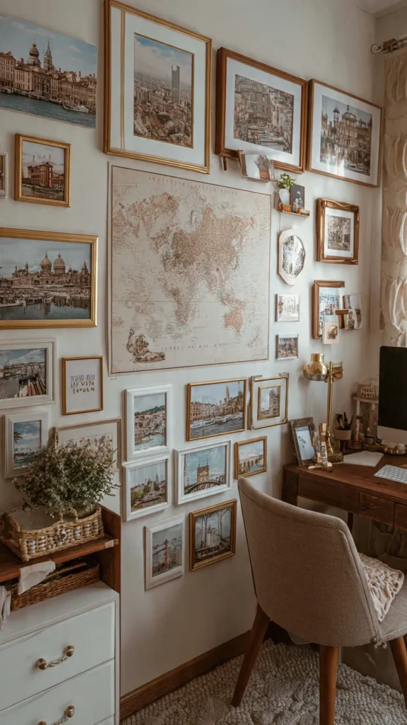 14 Wall Decor Ideas to Transform Your Home: Expert Interior Design Guide 21 Travel-themed wall with map and framed photos in cozy home office