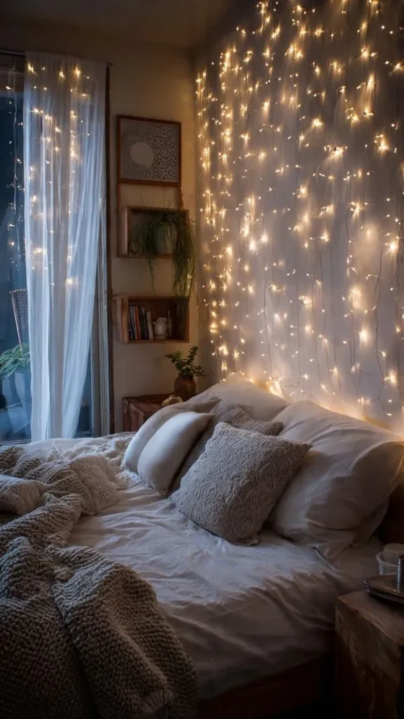 14 Wall Decor Ideas to Transform Your Home: Expert Interior Design Guide 22 Warm string lights on wall creating cozy ambiance in bedroom