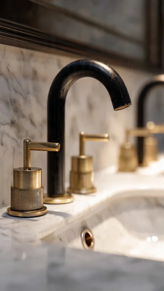 15 Bathroom Decor Ideas to Transform Your Space (Expert Interior Design Guide – 2026) 15 Close-up shot of modern matte black bathroom faucet and brushed gold cabinet handles.