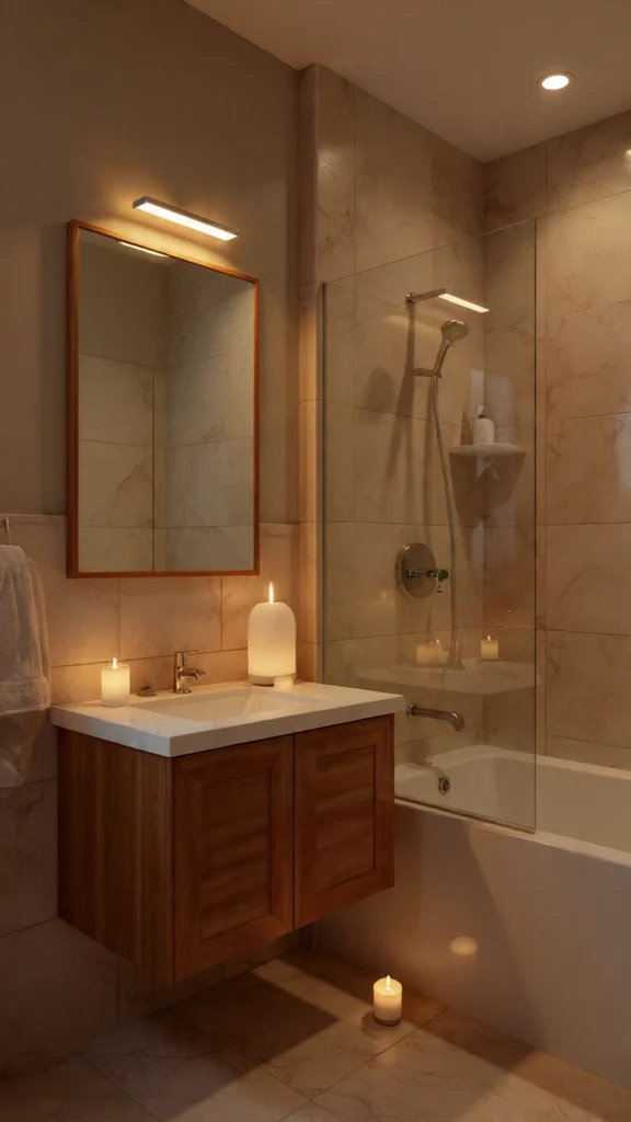 15 Bathroom Decor Ideas to Transform Your Space (Expert Interior Design Guide – 2026) 16 Spa-style bathroom setup with candles, essential oil diffuser, and eucalyptus leaves.