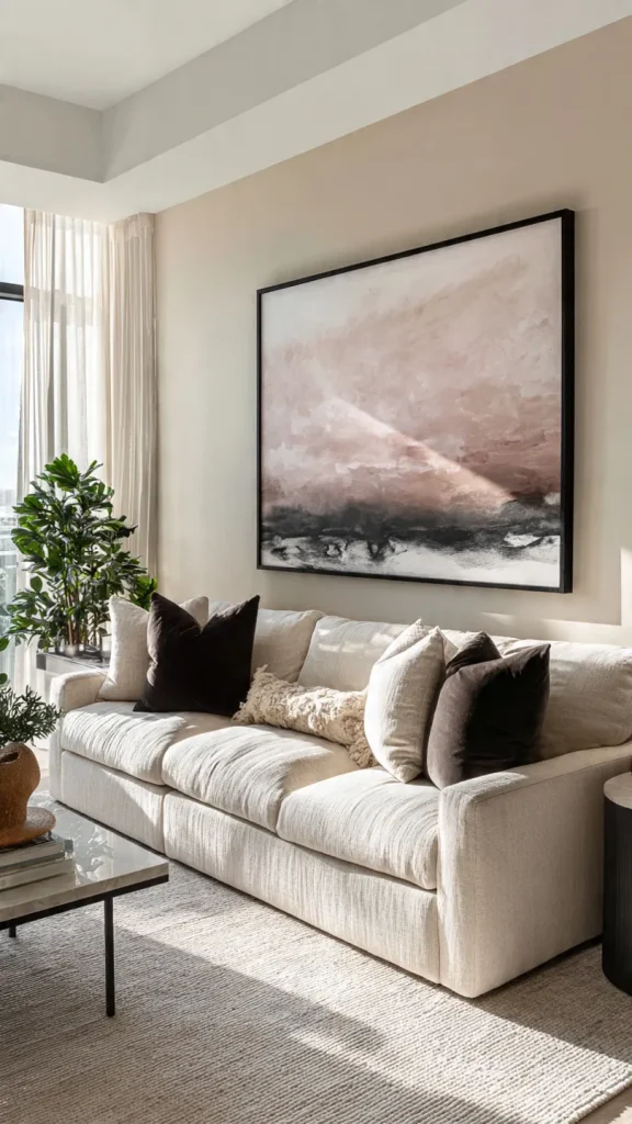 14 Wall Decor Ideas to Transform Your Home: Expert Interior Design Guide 4 Minimalist statement art above sofa in modern interior