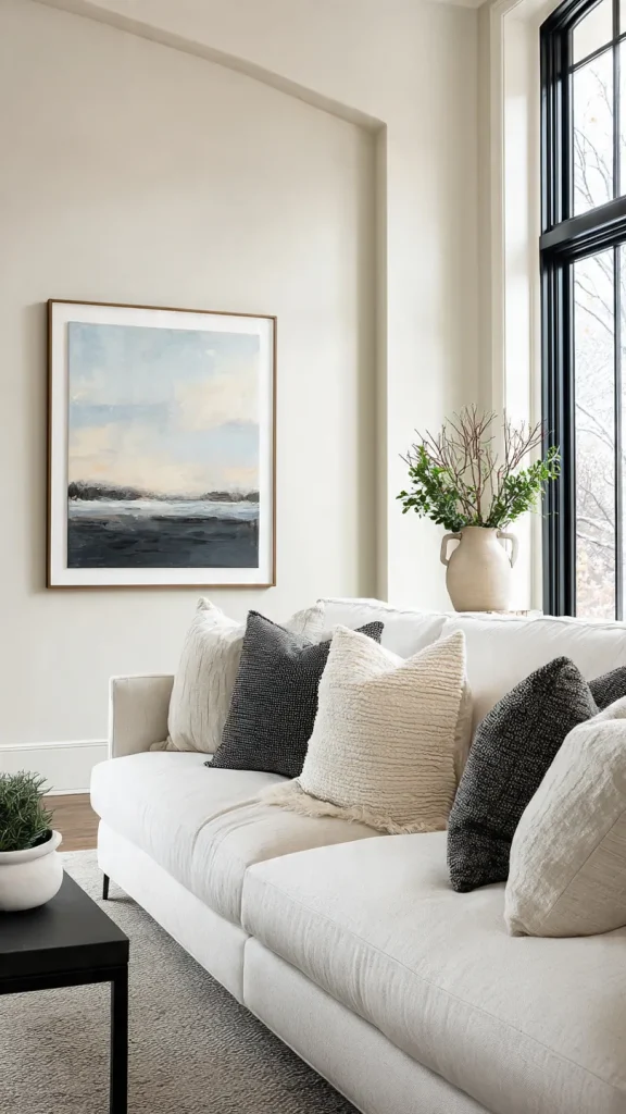14 Wall Decor Ideas to Transform Your Home: Expert Interior Design Guide 5 another Minimalist statement art above sofa in modern interior
