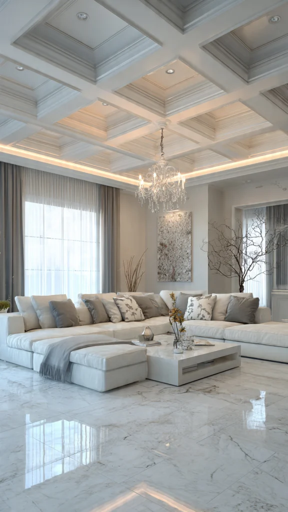 Top 10 Coffered Ceiling Ideas: Modern Designs for Living Room, Kitchen & Bedroom 4 White Painted Coffered Ceiling with LED Lighting
