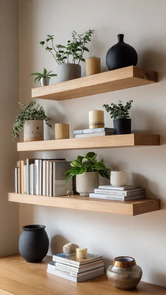 14 Wall Decor Ideas to Transform Your Home: Expert Interior Design Guide 7 Floating shelves styled with books, plants, and decor in living room
