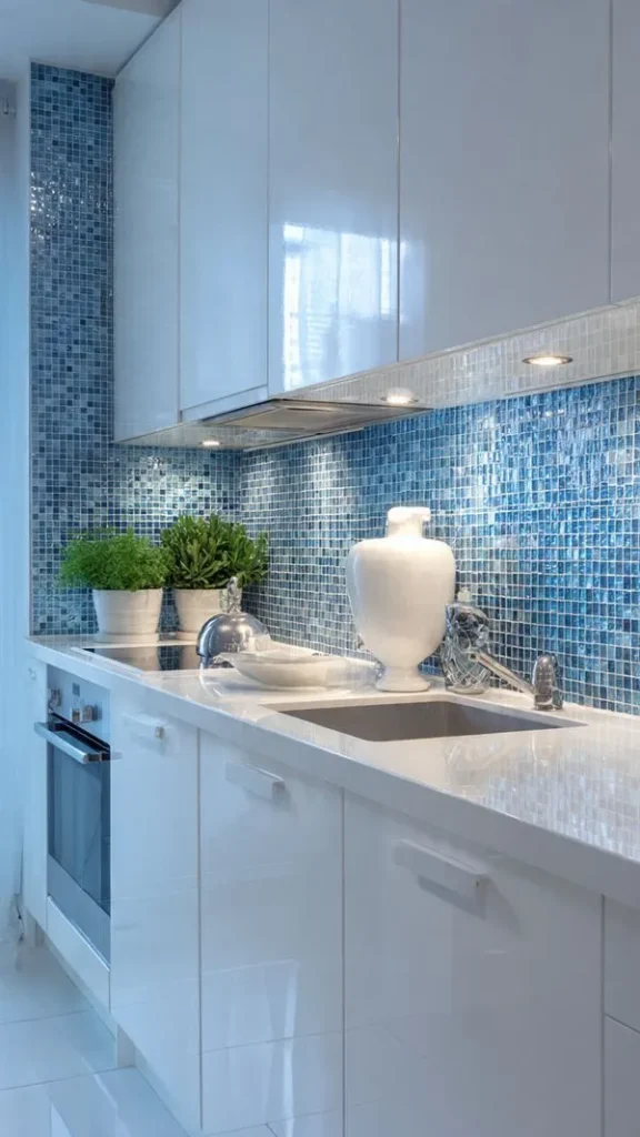 Top 10 Kitchen Backsplash Ideas for a Stylish and Modern Makeover 5 4. Glass Tile Backsplash – Shiny and Reflective Beauty