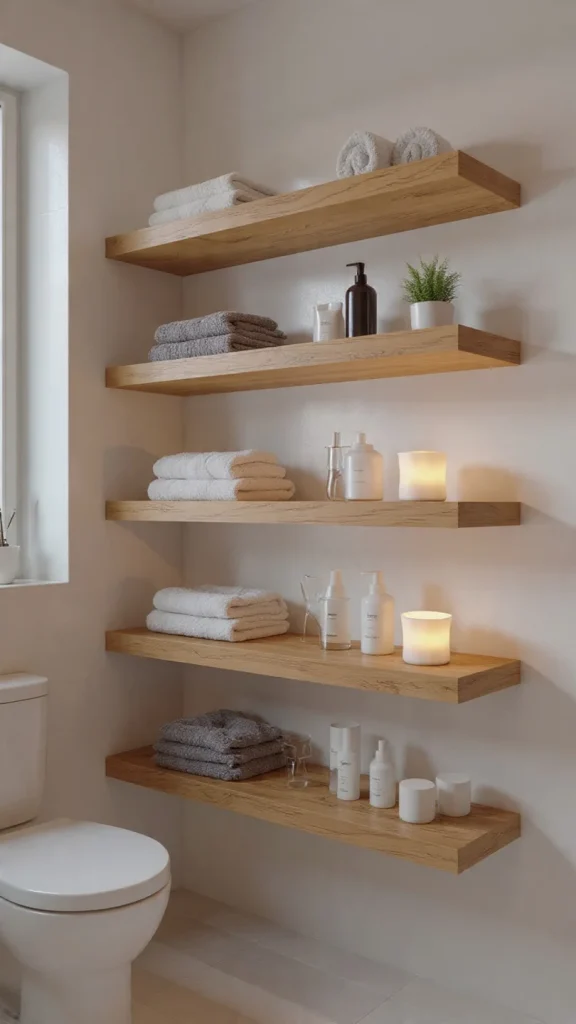 15 Bathroom Decor Ideas to Transform Your Space (Expert Interior Design Guide – 2026) 5 Floating wooden shelves and organized décor setup shown in 15 Bathroom decor ideas.