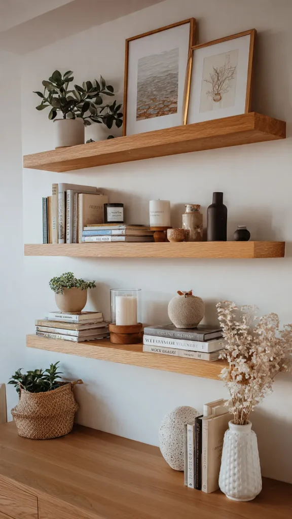 14 Wall Decor Ideas to Transform Your Home: Expert Interior Design Guide 8 Floating shelves styled with books, plants, and decor in living room. 2