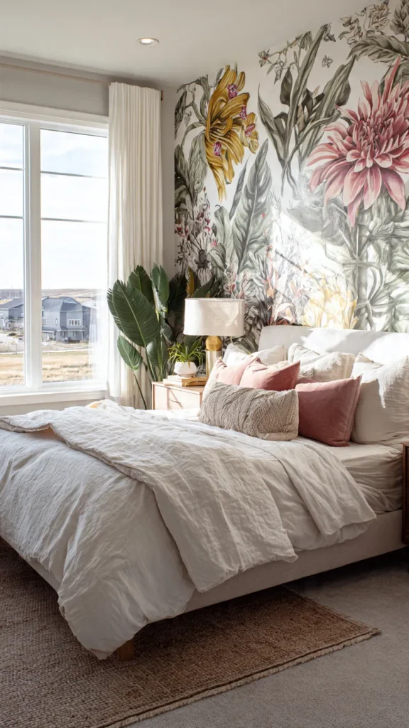 14 Wall Decor Ideas to Transform Your Home: Expert Interior Design Guide 9 14 Wall Decor Ideas: Bold botanical accent wall in bedroom
