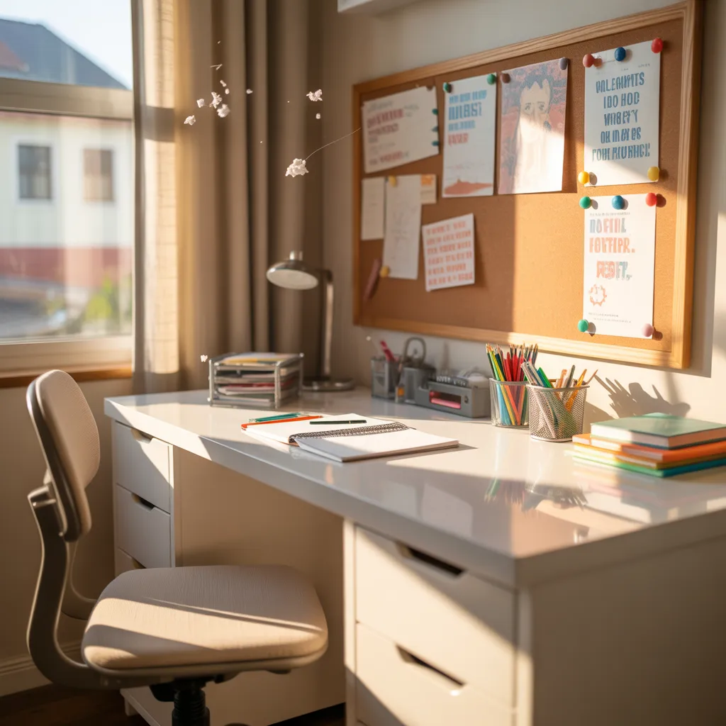 15 Kids Bedroom Ideas: to Make Their Room Creative, Cozy, and Fun 6 6. Study Desk with Cork Board or Whiteboard Wall