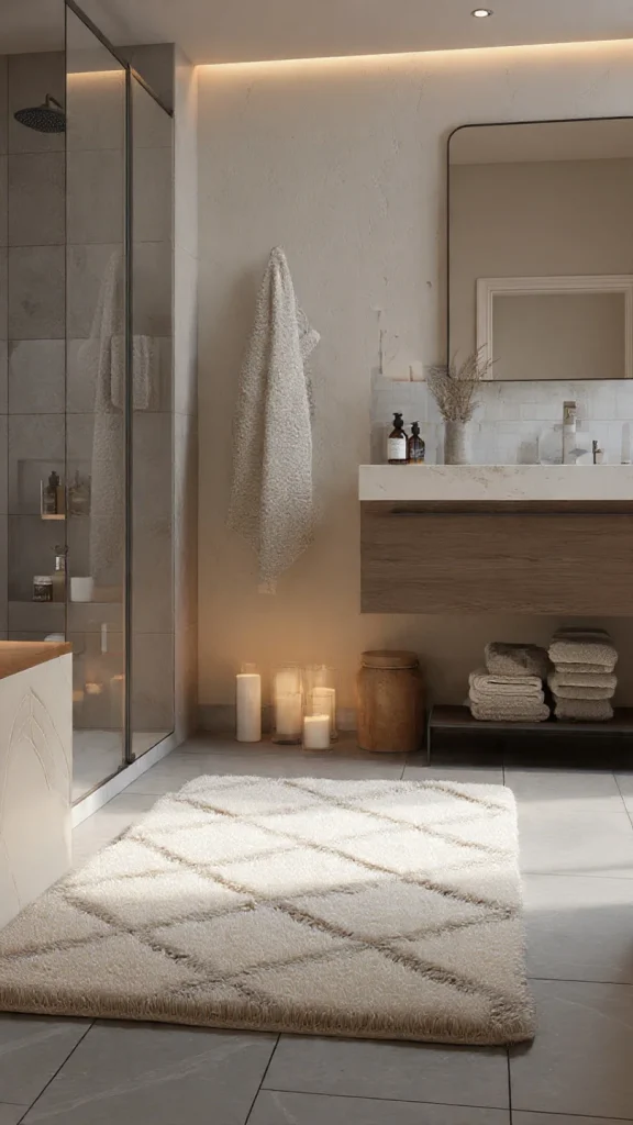 15 Bathroom Decor Ideas to Transform Your Space (Expert Interior Design Guide – 2026) 7 Soft cotton bathroom rug placed on light gray tiles in a cozy modern bathroom.