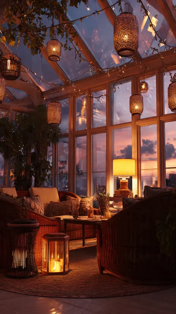 18 Sunroom Decorating Ideas: Transform Your Space into a Sunny Retreat 8 Ambient Lighting for Evenings