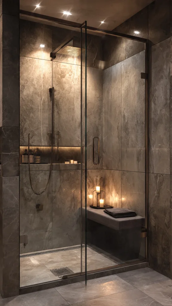 15 Bathroom Decor Ideas to Transform Your Space (Expert Interior Design Guide – 2026) 8 Glass shower door with marble wall tiles and a rainfall showerhead.
