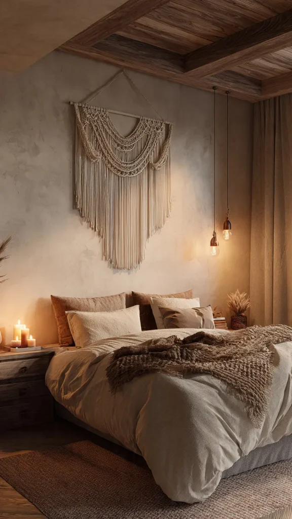 14 Wall Decor Ideas to Transform Your Home: Expert Interior Design Guide 13 Boho macramé wall hanging in cozy bedroom with warm textures