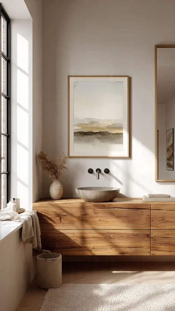 15 Bathroom Decor Ideas to Transform Your Space (Expert Interior Design Guide – 2026) 9 Bathroom wall art with abstract watercolor frames above a wooden vanity