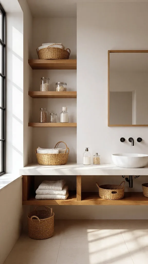15 Bathroom Decor Ideas to Transform Your Space (Expert Interior Design Guide – 2026) 10 Organized bathroom countertop with baskets, jars, and acrylic storage containers.