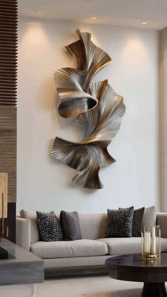 14 Wall Decor Ideas to Transform Your Home: Expert Interior Design Guide 15 Contemporary 3D metal wall sculpture on white wall in living room 2