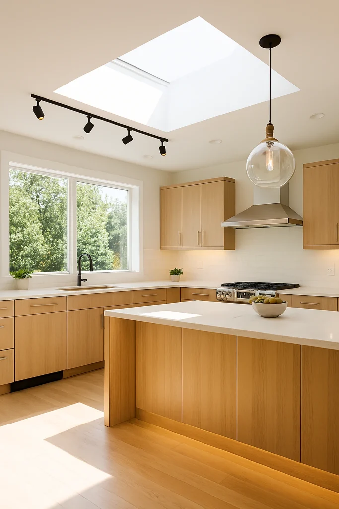 20 Kitchen Lighting Ideas: Brighten Your Space with Style and Function 15 Bright kitchen filled with natural light from skylight, open and airy design