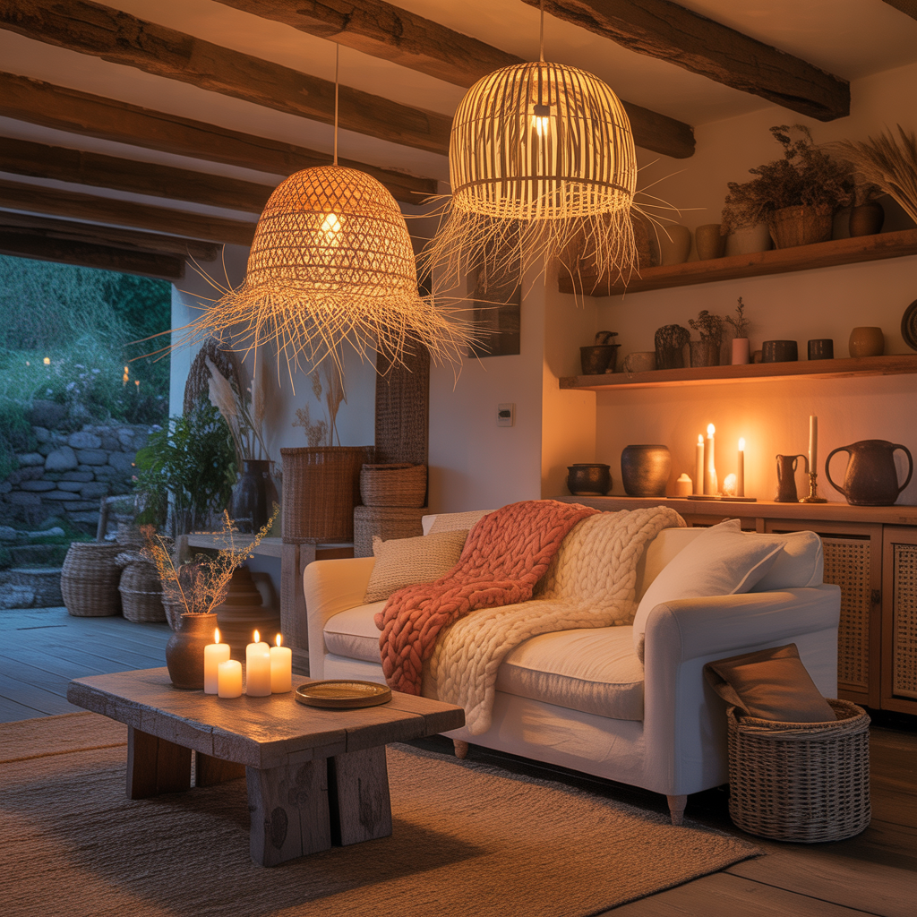 Earthy Cottage Home Decor: The Perfect Blend of Warmth, Comfort, and Natural Charm 10 Cozy cottage lighting with rattan lamps and candles