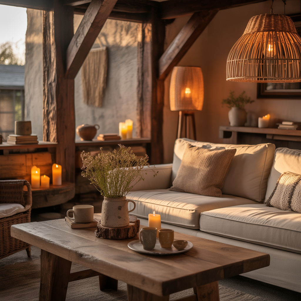 Earthy Cottage Home Decor: The Perfect Blend of Warmth, Comfort, and Natural Charm 11 Cozy cottage lighting with rattan lamps and candles