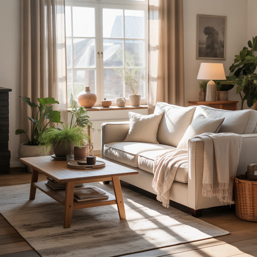 Earthy Cottage Home Decor: The Perfect Blend of Warmth, Comfort, and Natural Charm 4 Cozy rustic living room with wooden furniture
