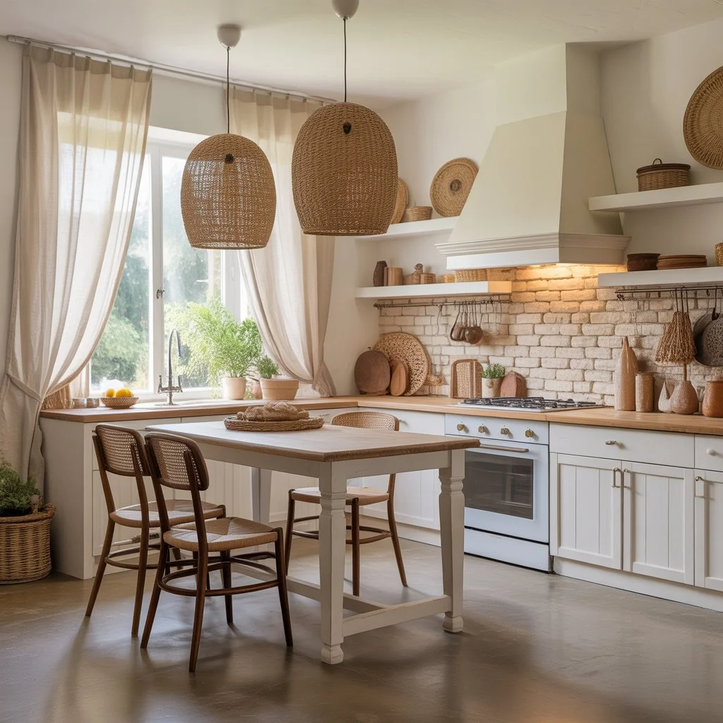 12 Warm Neutral Kitchen Ideas: To Create a Cozy, Timeless Space 6 Creamy white kitchen with woven lights, linen curtains, and textured backsplash.