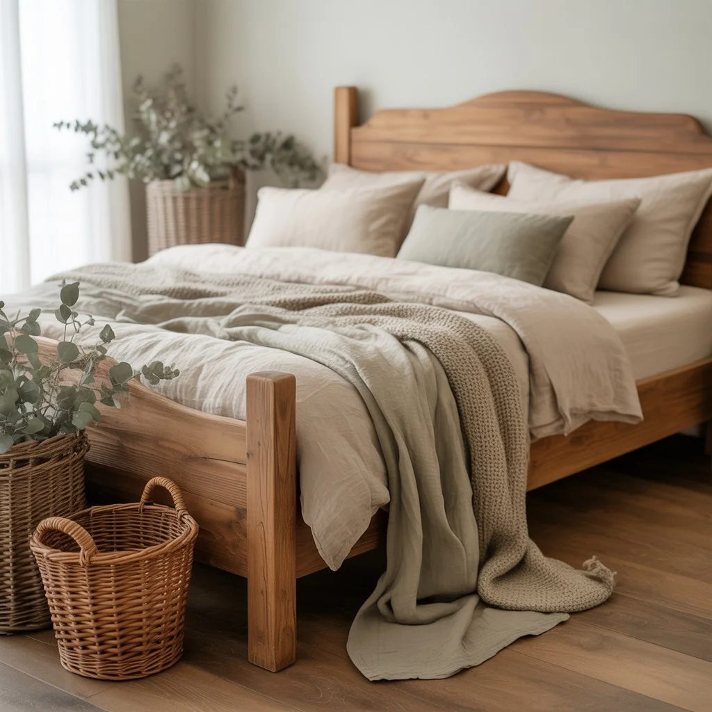 Earthy Cottage Home Decor: The Perfect Blend of Warmth, Comfort, and Natural Charm 6 Earthy bedroom with linen bedding and soft light
