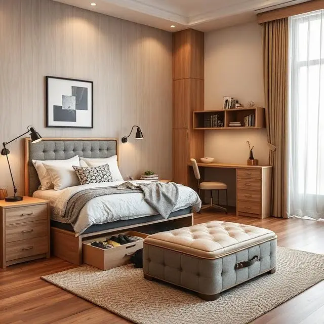15 Guest Bedroom Ideas: Create a Comfortable and Stylish Space for Your Visitors 10 Guest bedroom with multi-functional furniture including storage ottoman and bed drawers