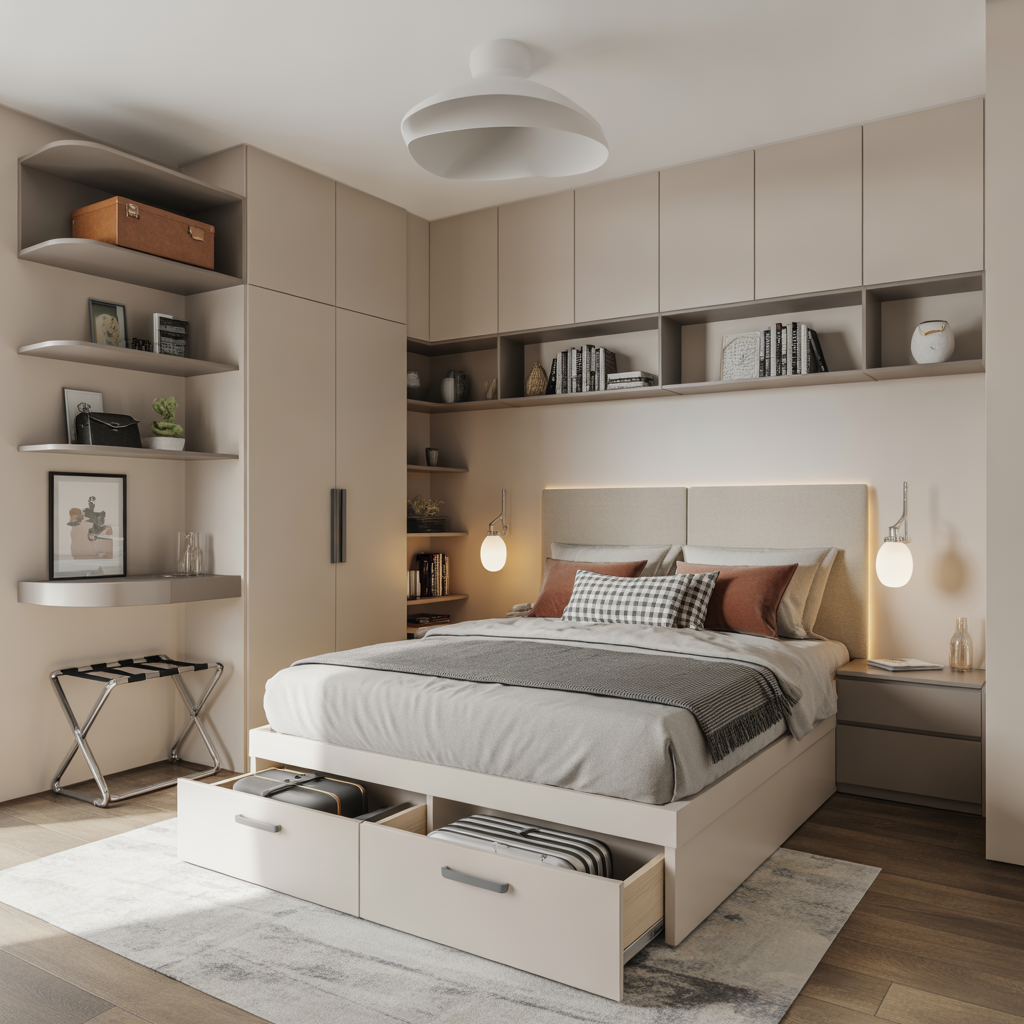 15 Guest Bedroom Ideas: Create a Comfortable and Stylish Space for Your Visitors 4 Guest bedroom with smart storage solutions including under-bed drawers and shelves