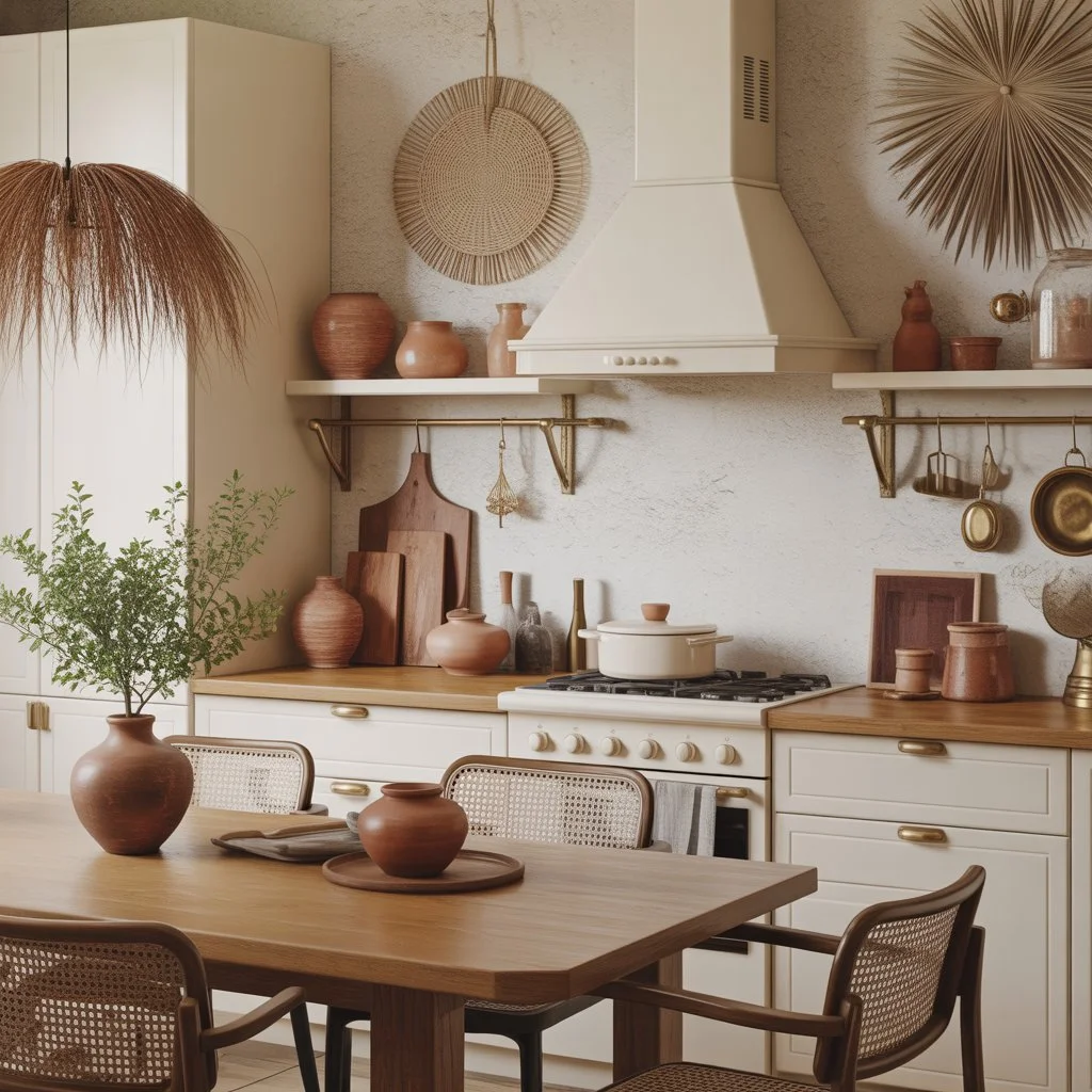 12 Warm Neutral Kitchen Ideas: To Create a Cozy, Timeless Space 12 Kitchen close-up with rattan chairs, textured walls, and brass decor.