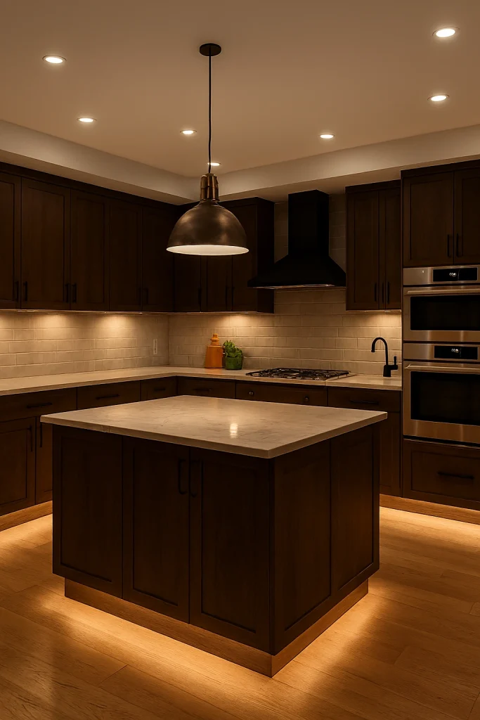 20 Kitchen Lighting Ideas: Brighten Your Space with Style and Function 13 Kitchen with layered lighting—pendants, recessed lights, and under-cabinet illumination
