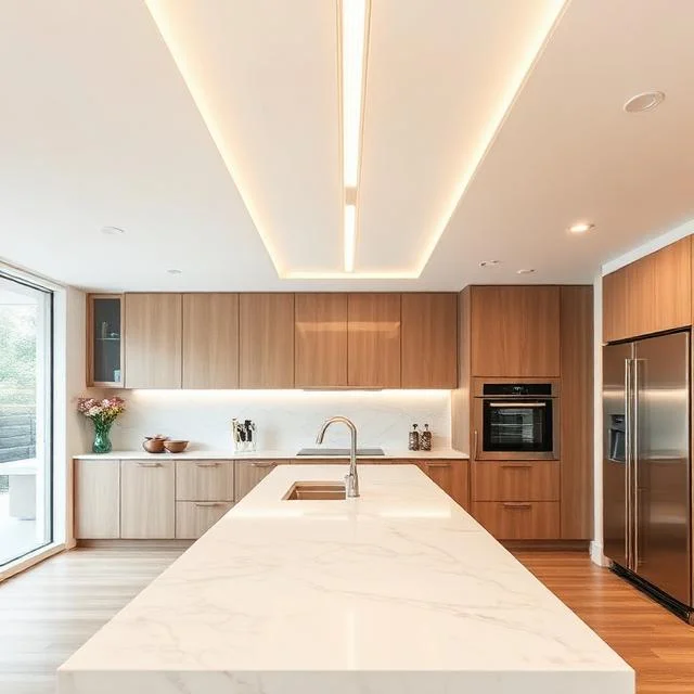 20 Kitchen Lighting Ideas: Brighten Your Space with Style and Function 8 20 Kitchen lighting ideas: Long linear light fixture above kitchen island offering modern kitchen illumination