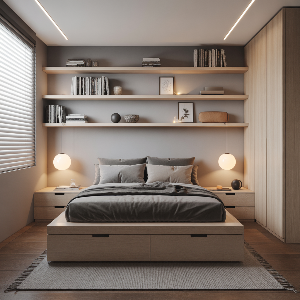 Bedroom Ideas for Small Rooms Cozy: Expert Tips to Create a Warm, Stylish Space 7 Minimalist small bedroom with floating shelves and platform storage bed