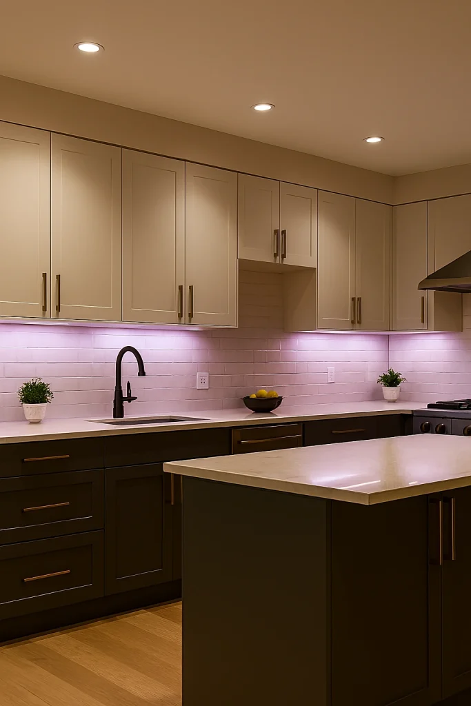 20 Kitchen Lighting Ideas: Brighten Your Space with Style and Function 17 Modern kitchen with dimmable LED lighting and colorful ambiance options