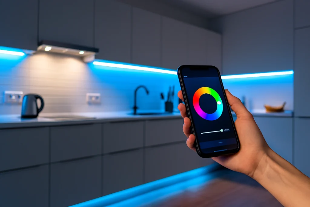 20 Kitchen Lighting Ideas: Brighten Your Space with Style and Function 20 Modern kitchen with smart lighting system controlled via smartphone