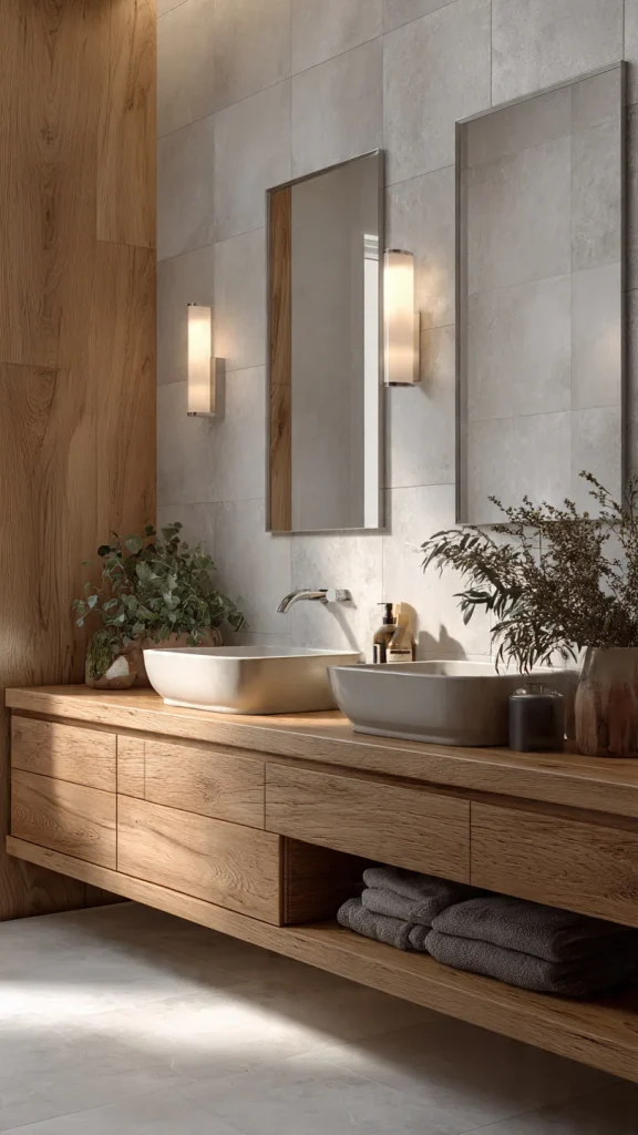 15 Bathroom Decor Ideas to Transform Your Space (Expert Interior Design Guide – 2026) 2 Modern neutral bathroom with beige walls and wooden vanity, from 15 Bathroom decor ideas.