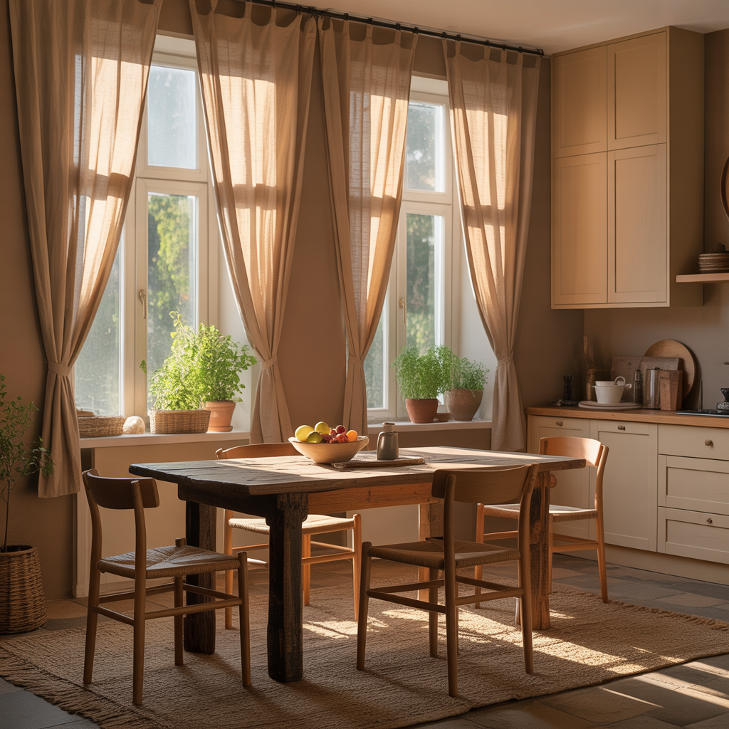 12 Warm Neutral Kitchen Ideas: To Create a Cozy, Timeless Space 11 Neutral kitchen with beige curtains, woven rug, and wooden dining table.