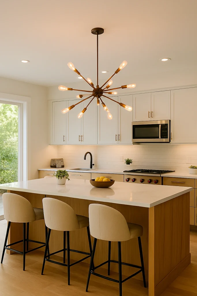 20 Kitchen Lighting Ideas: Brighten Your Space with Style and Function 19 Open concept kitchen with large chandelier lighting centerpiece