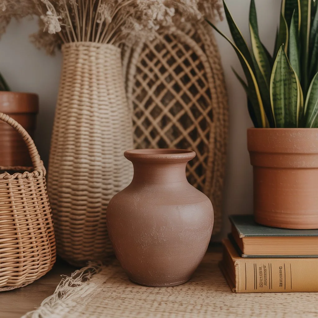 Earthy Cottage Home Decor: The Perfect Blend of Warmth, Comfort, and Natural Charm 12 Rustic accessories with clay vases and baskets