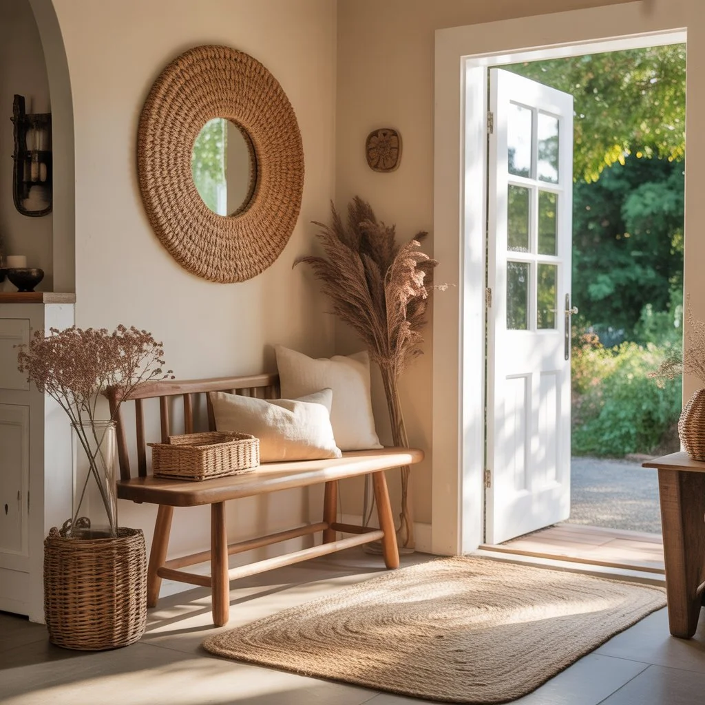 Earthy Cottage Home Decor: The Perfect Blend of Warmth, Comfort, and Natural Charm 9 Rustic entryway with bench and woven decor