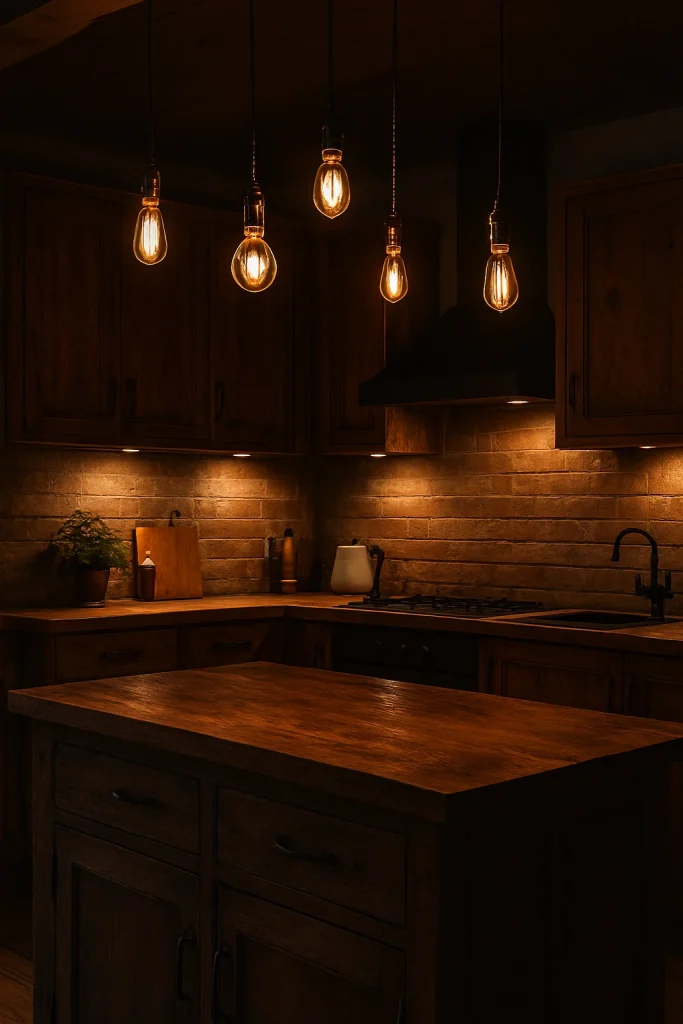 20 Kitchen Lighting Ideas: Brighten Your Space with Style and Function 11 Rustic kitchen with vintage Edison bulb lighting and wooden cabinets