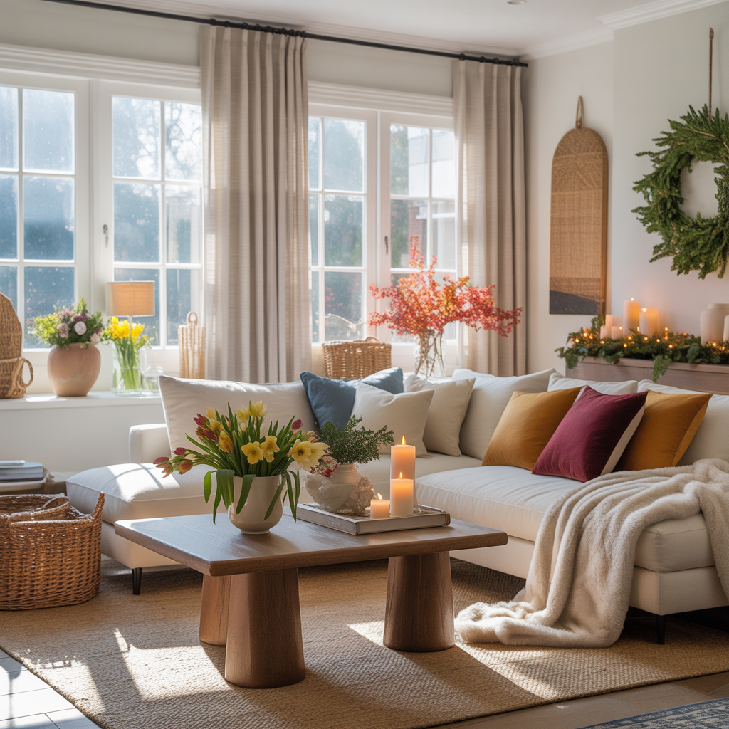 Welcome to Decorillo – Your Ultimate Source for Home Decor Ideas 6 Seasonal home decor, spring flowers, summer breezy living room, fall warm textures, winter cozy interior, modern American style, festive and inviting atmosphere
