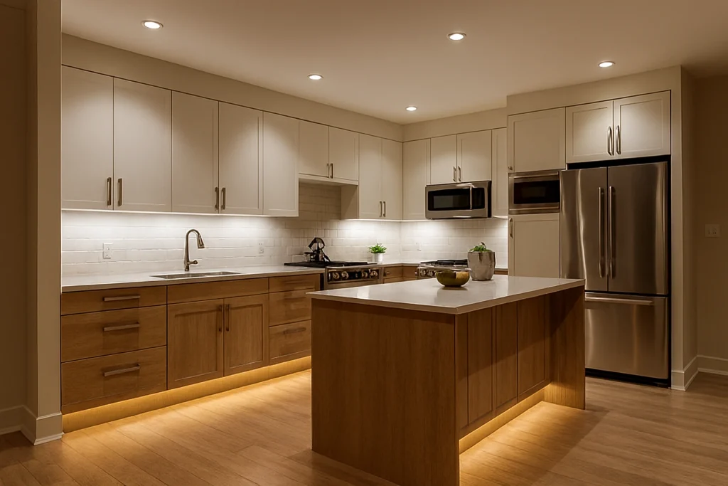 20 Kitchen Lighting Ideas: Brighten Your Space with Style and Function 12 Under-cabinet toe-kick LED lighting in modern kitchen for stylish accent